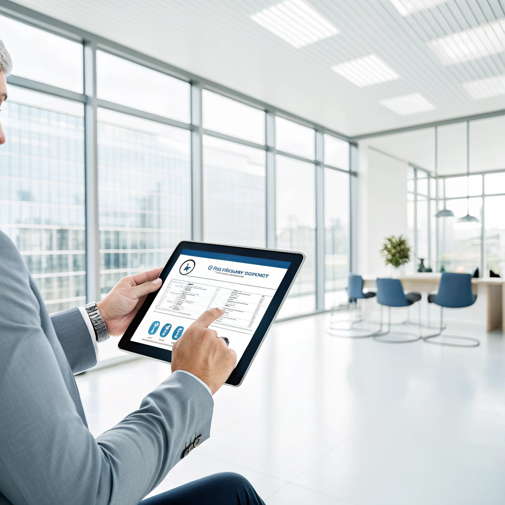 Digital insurance portal interface on a tablet in a professional setting